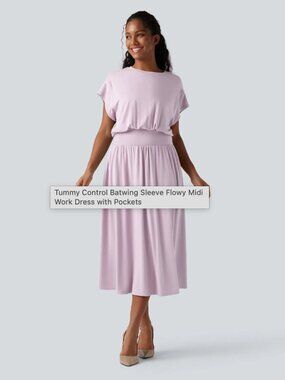 Tummy Control Batwing Sleeve Flowy Midi Work Dress with Pockets